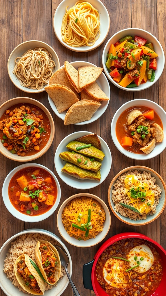 Budget-Friendly Dinners: 7 Meals for $50 Seven budget-friendly dinners displayed on a table, including spaghetti, stir-fry, chili, tacos, soup, stuffed peppers, and fried rice.